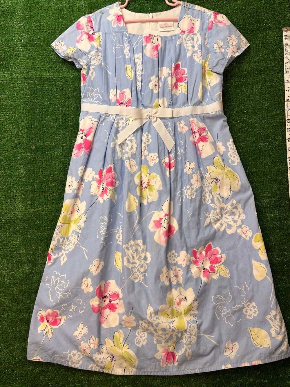 Hanna Andersson Floral Dress Size 150 Blue Short Sleeve Bow